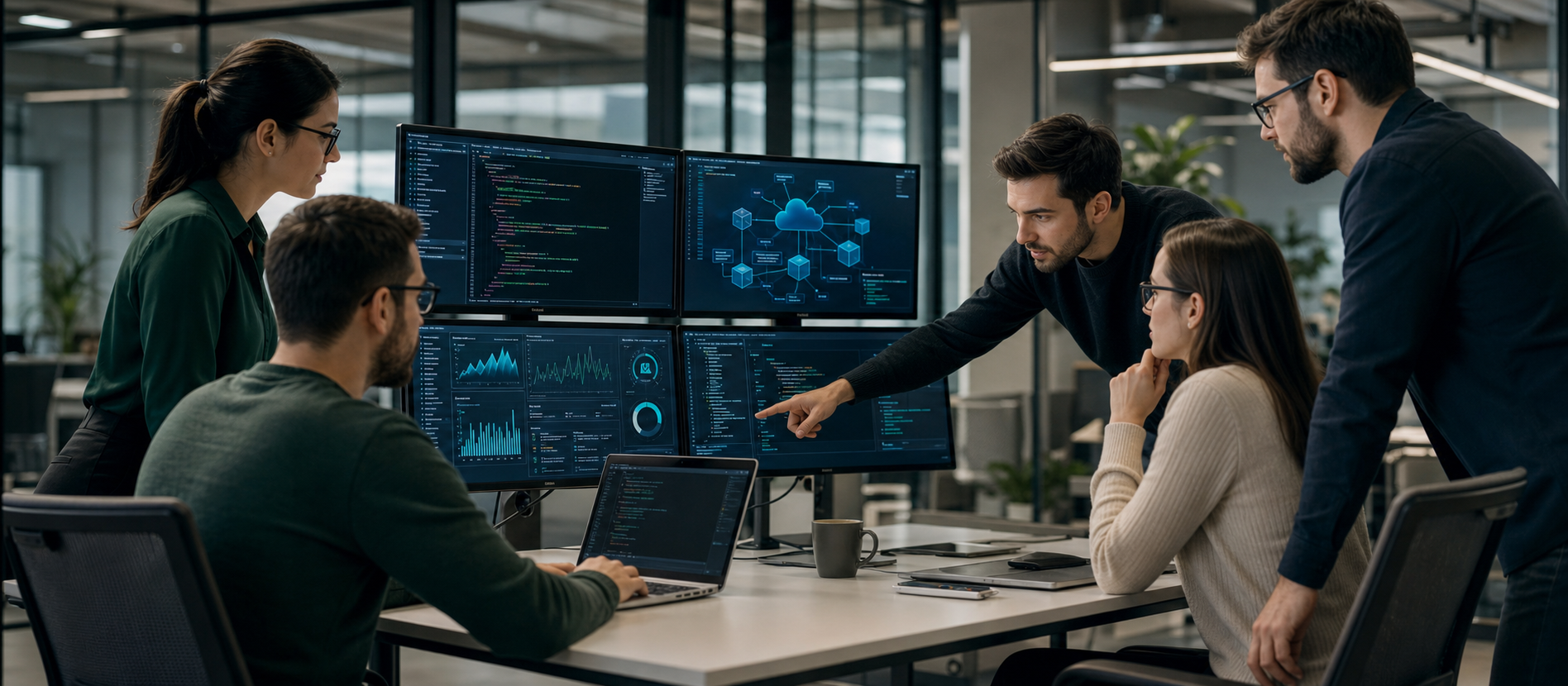 Engineering team reviewing enterprise software dashboards